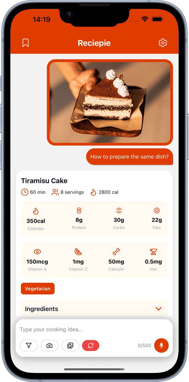 Reciepie app Generate Custom Recipes screen